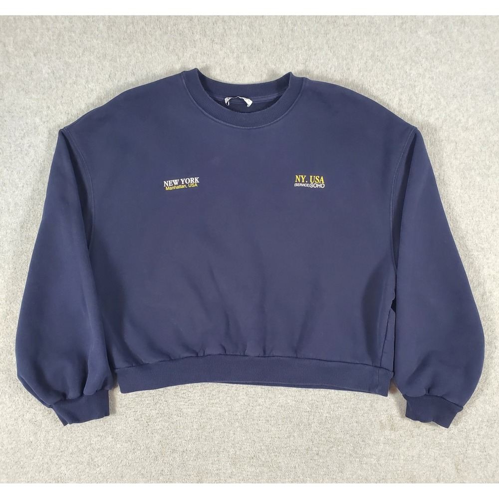 Zara New York Manhattan USA SOHO Graphic Sweatshirt Large Navy Blue Cropped